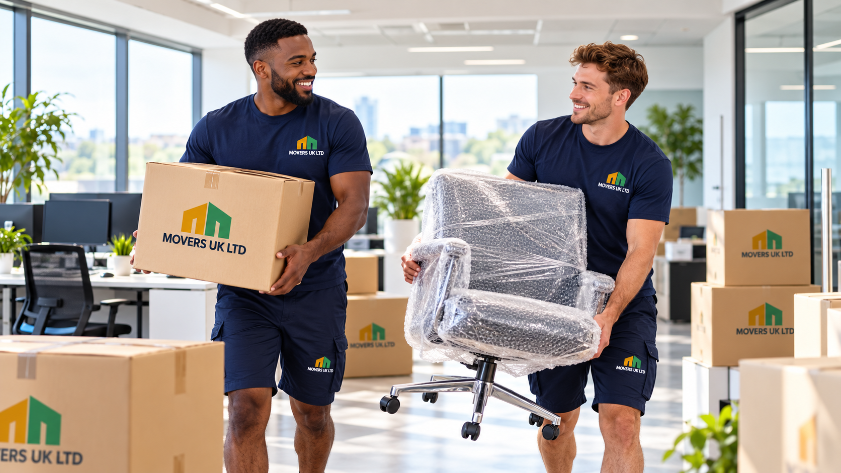 Movers UK Ltd team moving office boxes and furniture