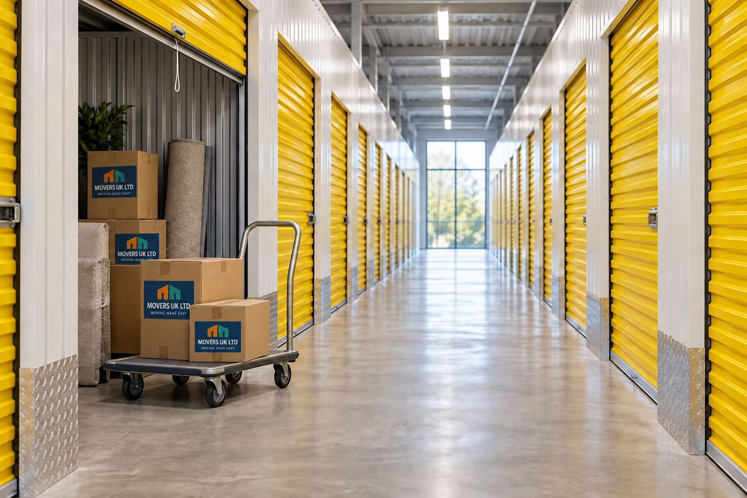 Yellow self storage corridor with Movers UK Ltd branded moving boxes