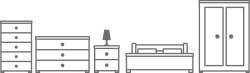 Bedroom furniture including a bed, wardrobe and drawers