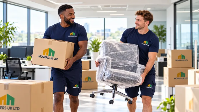 Two Movers UK Ltd team members carrying office boxes and a wrapped chair